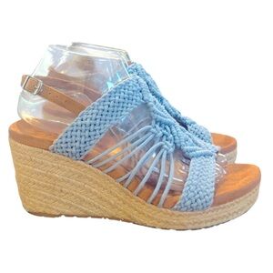 Zodiac Blue and Tan Wedge Sandals with Espadrille Heel